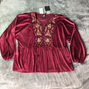 NWT Bobeau Velvet Tunic Top Size 3X Embroidered Empire Waist Burgundy Puff Sleev